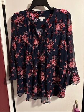 Charter Club Navy Floral Pintuck Blouse